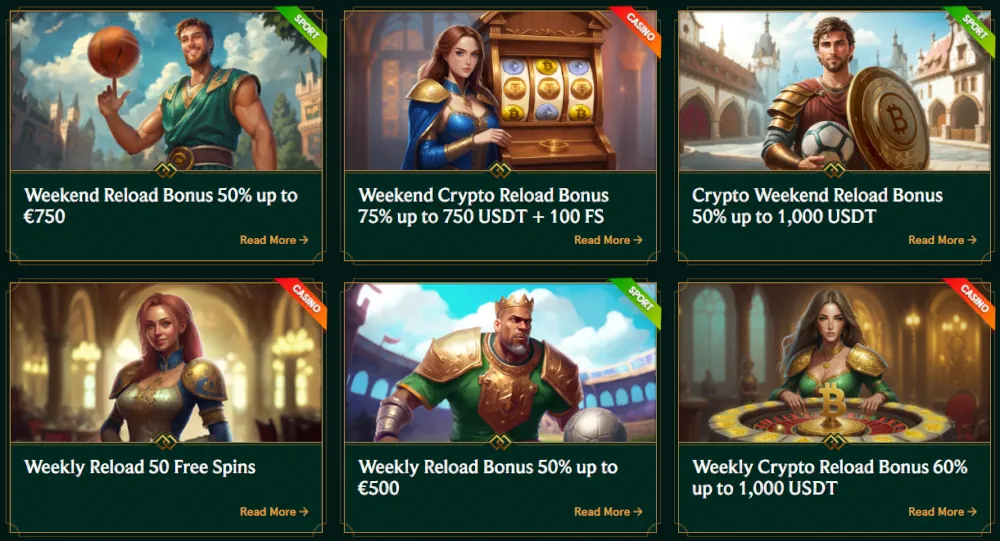 Banner promozionali Casinia per cashback settimanale e rakeback istantaneo.